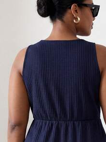 ELLERISSA Plus Size Navy Blue Round Neck Sleeveless Front Button Waffle Knit Mini Dress - Navy Blue - View 2