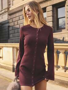 Aralina Women Ribbed Knit Dress Button Front Crew Neck Long Sleeve Slim Fit Casual Festival Vacation Fall Winter Going Out World Cup 2026 - Burgundy - View 3
