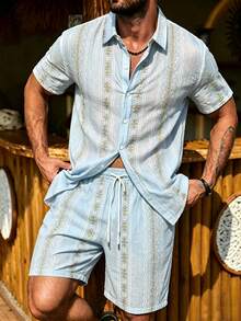 Manfinity Homme Men's Floral Print Short Sleeve Shirt And Drawstring Waist Shorts Set - Baby Blue - View 1