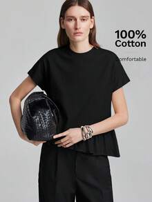 Ontre 女款純色黑色修身圓領短袖拼接上衣，度假海灘外出日常波希米亞風，西式休閒夏季 - 黑色 - 查看 3