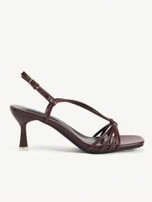 CUCCOO CHICEST Dark Brown Patent Leather Thin Strap Square Toe High-Heeled Sandals, Retro Temperament Buckle High-Heeled Open-Toed Women's Shoes - Brown - View 3