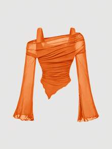 SHEIN MOD Plus Size Orange Plus Size Asymmetric Hem Flared Sleeve T-Shirt,Autumn Classy Night Out Club,Punk Korean Style, Women Basic Tops - Orange - View 4