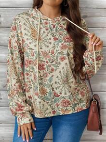 EMERY ROSE Plus Size Floral Print Sweatshirt Vacation Trail Ride Beige Summer Business Casual Fall - Multicolor - View 3