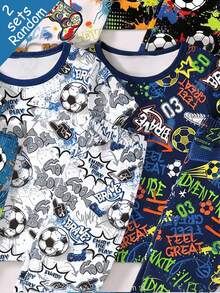 SHEIN 【6件套，随机发货2件/套】男童睡衣，春夏新品，时尚热销，酷炫图案印花，包括积木、恐龙、足球、游戏机等，紧身针织面料短袖上衣和长裤睡衣套装，街头风 - 彩色 - 查看 4