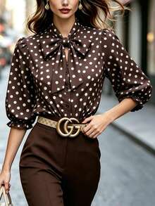 SHEIN Brown All-Over Print White Small Polka Dot Collar Large Bowknot Blouse With Puff Shoulders, Ruffle Trim Mid-Sleeves, Single-Breasted Round Buttons, Cinched Waist, Versatile Base Layer Shirt - Multicolor - View 6