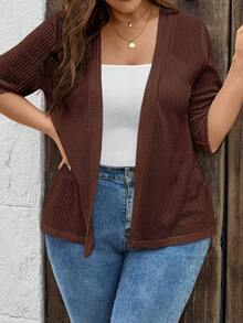SHEIN LUNE Textured Fabric Open Front 3/4 Sleeve Fitted Flattering Plus Size Jacket - Brown - View 5