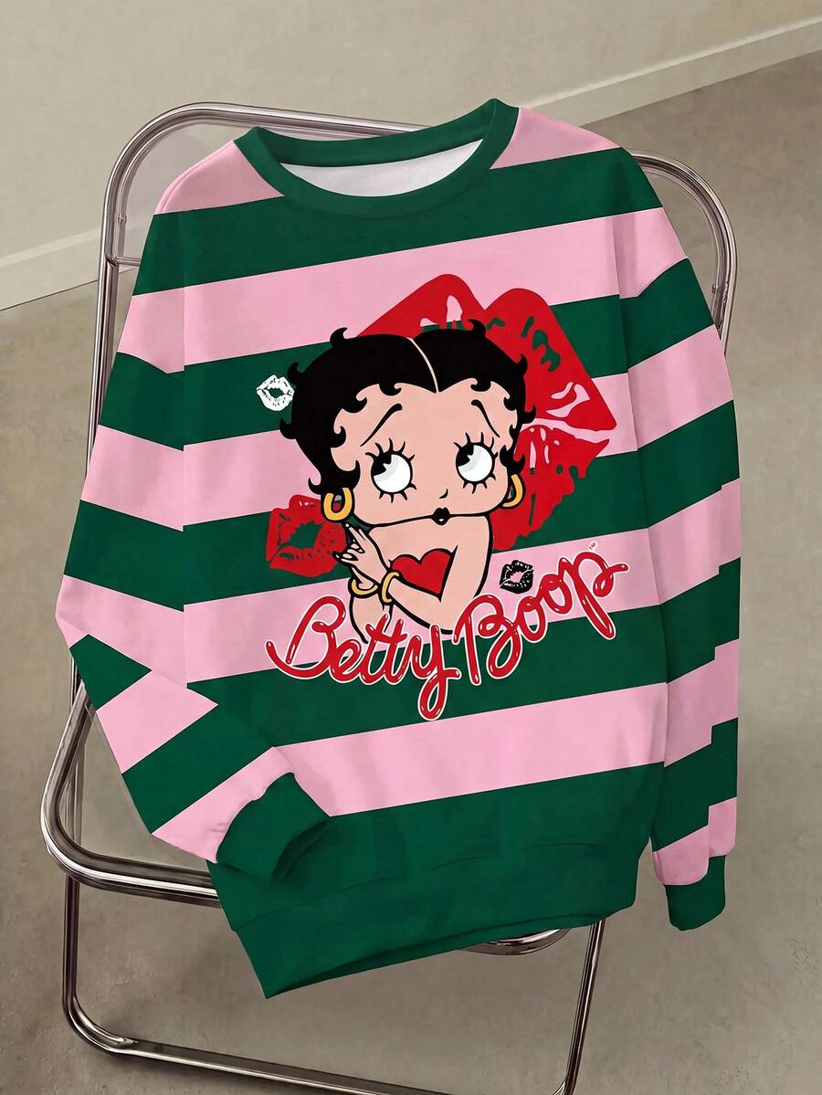 Betty Boop x SHEIN 大尺碼女款秋冬休閒時尚日常通勤卡通角色紅唇字母對比色條紋印花落肩寬鬆抓絨內裡保暖衛衣 - 白色 - 查看 1