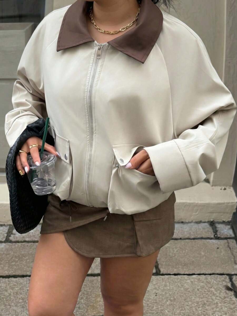 Muchica Plus Size Fashion Versatile Zipper Front Long Sleeve Utility Jacket Formal Winter Casual Elegant Fall