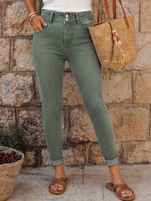 EMERY ROSE Women's Casual Everyday Commute Simple Solid Color High Waist Skinny Jeans - Olive Green - View 3