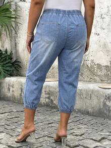 SHEIN EMERY ROSE CURVE Plus Size Lace Patchwork Fashion Pocket Denim Cropped Pants - Blue - View 2