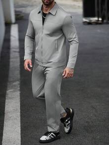 Manfinity CasualCool 男士休閒素色拉鍊夾克套裝，灰色，兩件套 - 深灰色 - 查看 8