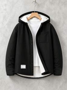 SHEIN Casuvi Kids 青少年男孩基礎休閒燈芯絨連帽抓絨外套 - 黑色 - 查看 3