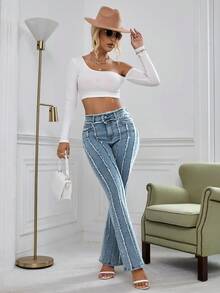 EMERY ROSE Distressed Hem Slim Fit Flare Jeans - Dusty Blue - View 5