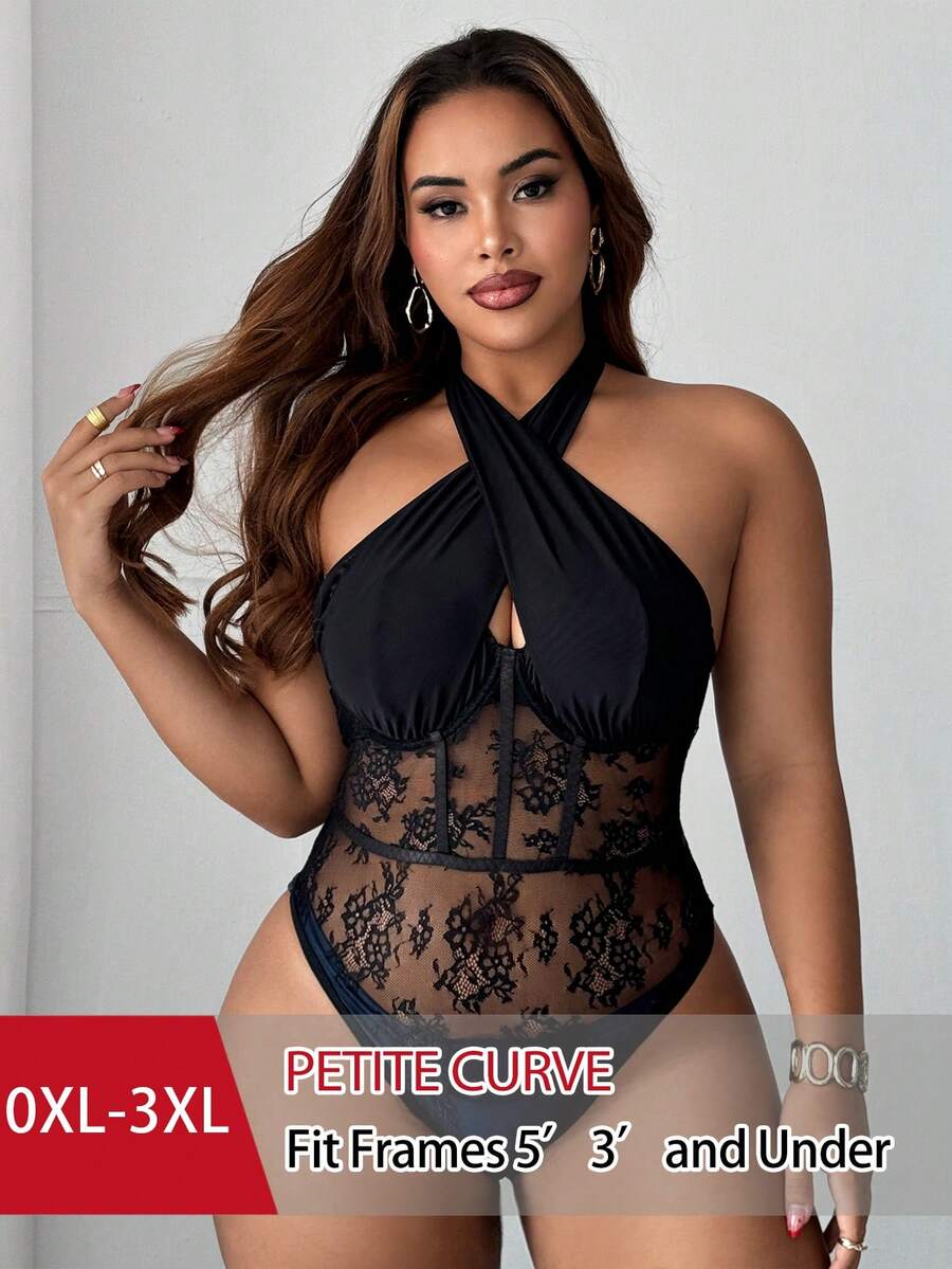SHEIN PETITE CURVE 大码女式春夏黑色蕾丝性感镂空弹力休闲法式针织百搭舒适叠穿上衣,优雅性感年轻女士服装 - 黑色 - 查看 1