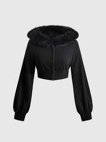 ROMWE Grunge Punk Sweatshirt Hoodie Model Crop Ultra Pendek Berpotongan Terbuka dengan Detail Bulu Halus dan Motif Patchwork Gaya Y2K untuk Gadis Seksi - Hitam - View 1