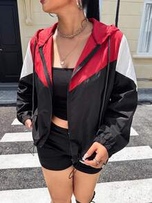 SHEIN EZwear 大尺碼黑金拼接拉鍊梭織連帽外套 登山 秋季休閒款 - 彩色 - 查看 6