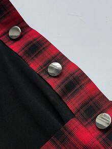 Whyspr Halloween Plus Size Punk Plaid Asymmetrical Pleated Skirt With Webbing Patchwork Shorts - Red - View 6