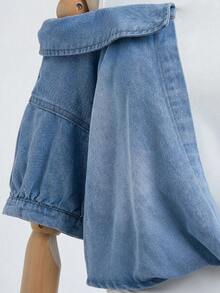 SHEIN Clasi 女款 2 合 1 拼接休閒日常牛仔上衣 前扭結露肩 2 合 1 泡泡短袖短版襯衫 夏季 白色 藍色 - 藍色 - 查看 4