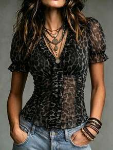 LUMIGAL Summer Fashion Deep V-Neck Leopard Print Sheer Top - Dark Grey - View 1