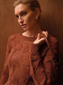 MOTF PREMIUM WOMEN SOLID FLORAL PATTERN POINTELLE KNIT SWEATER - Burgundy - View 8