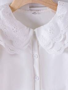 SHEIN Elladie kids 女童夏季休閒時尚荷葉花瓣袖短袖純色上衣，適合夏季休閒出遊，百搭單件上衣襯衫 - 白色 - 查看 6