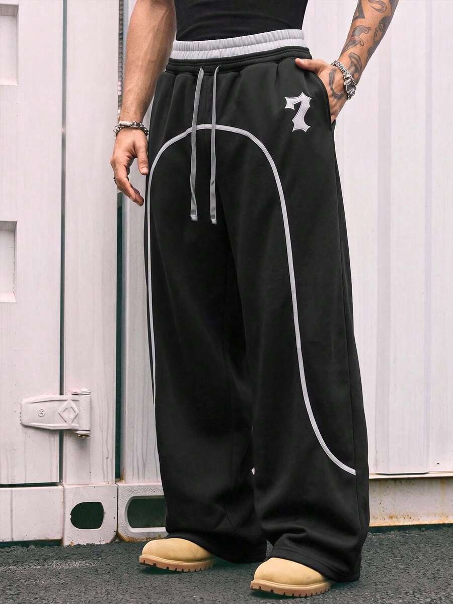 AXEPEAK Men's Double Waistband Drawstring Colorblock Pocket Sweatpants - Black - View 1
