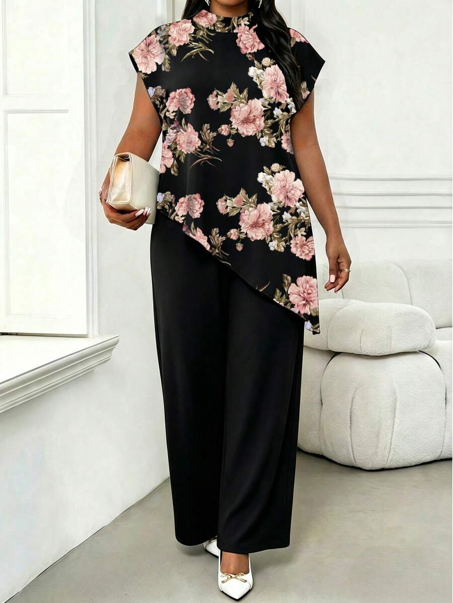 SHEIN Lady 女款大尺碼優雅花卉印花不對稱下擺上衣 - 彩色 - 查看 1