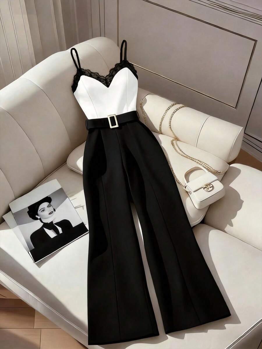 GlowEve Women's Colorblock Lace Elegant Cami Wide Leg Jumpsuit - Black and White - View 1