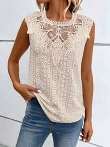 Glimmora Plus Size Women's Textured Lace Patchwork Simple Elegant Comfortable Spring Summer Fitted Tank Top - Apricot - View 6