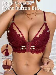 SHEIN 浪漫、优雅、性感蕾丝前扣文胸 - 酒紅色 - 查看 5