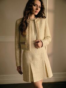 MOTF PREMIUM FRENCH ELEGANT EXQUISITE FASHION DESIGN LUXURY PEARL TRIM LONG SLEEVE BOXY OVERCOAT - Apricot - View 6