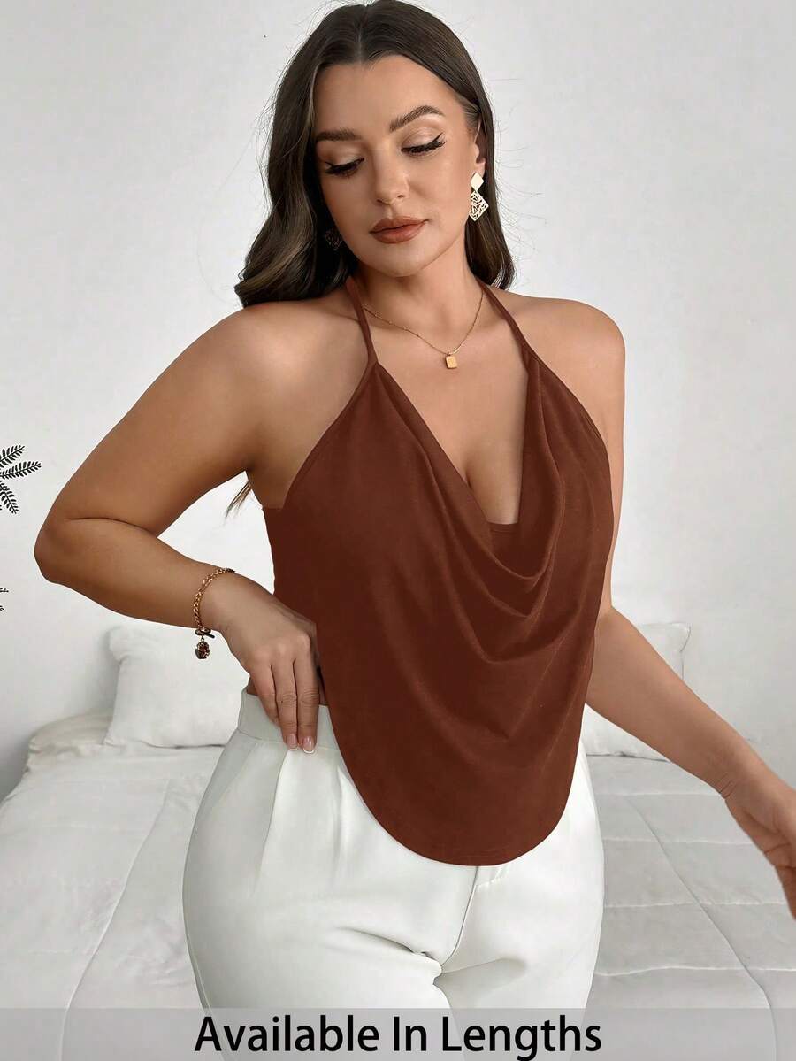 SHEIN PETITE CURVE 大尺碼女款純色垂領性感時尚掛脖背心上衣 - 棕色 - 查看 1