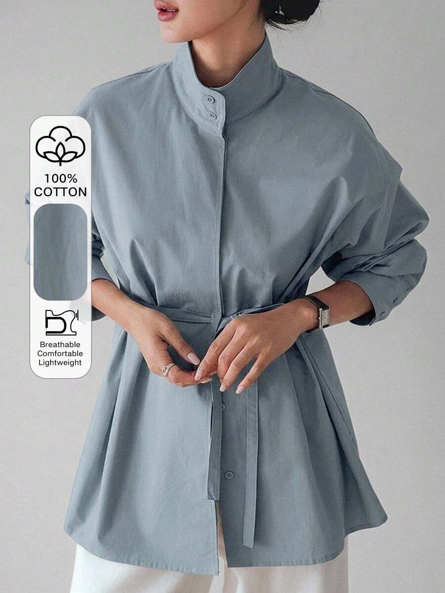 DAZY 女款寬鬆商務休閒優雅辦公工作長袖襯衫,附腰帶抽繩繫帶設計,極簡純色,秋季 - 藍色 - 查看 1