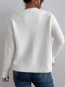 SHEIN Solid Drop Shoulder Round Neck Sweater,Long Sleeve Tops Knit Pullover Fall Winter - White - View 2
