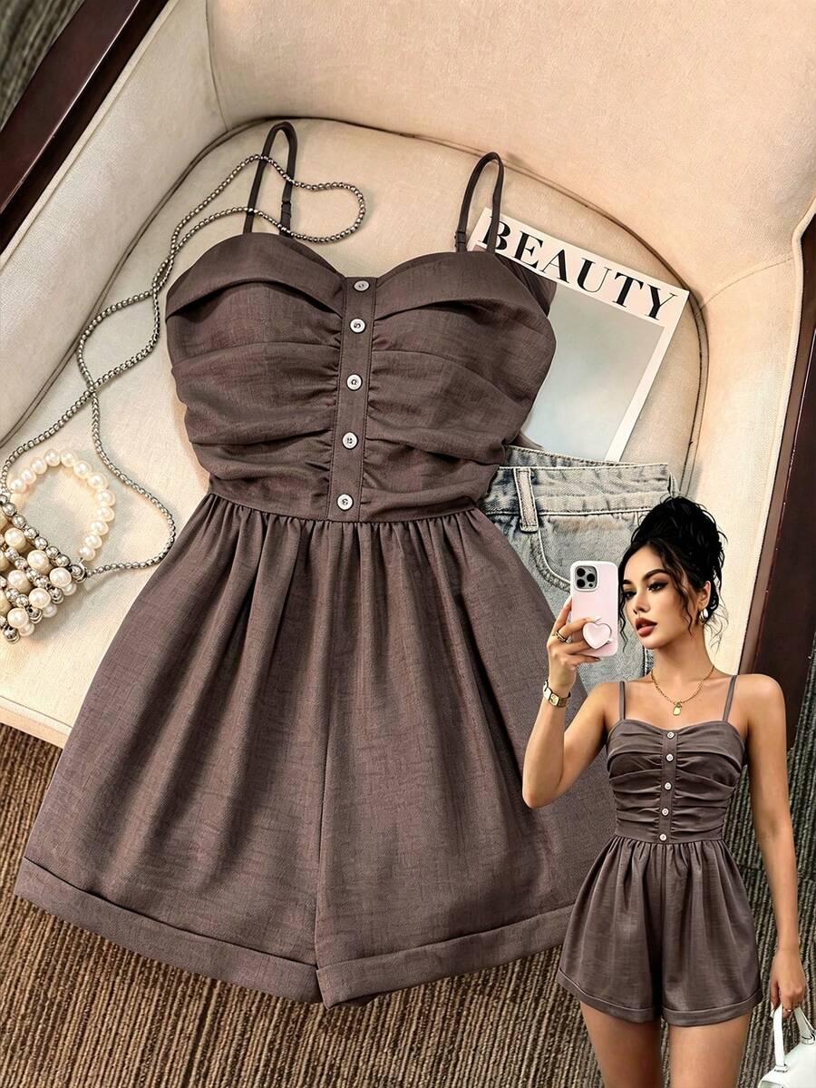 Selianne Mono corto de tirantes para mujer de color liso con diseño de botones y plisado - Café integral - Ver 1