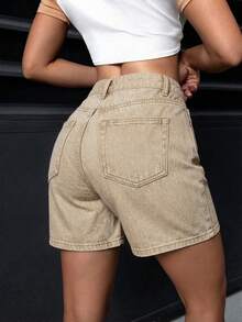 SHEIN PETITE 女款休閒街頭風水洗牛仔短褲 旅行卡其色 夏季 - 卡其色 - 查看 2
