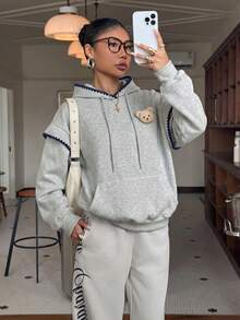 Comfortcana 女款花卉飾邊長袖抽繩連帽休閒運動衫 - 淺灰色 - 查看 3