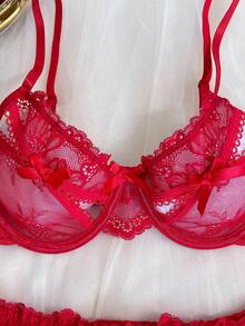 Seduluxe 女款性感蕾絲內衣套裝 4件組 - 紅色 - 查看 3