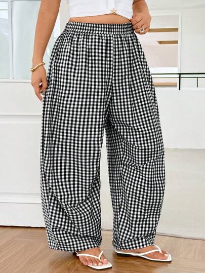 GalTyme Plus Size Women's Plaid Casual Versatile Everyday Long Pants Fall