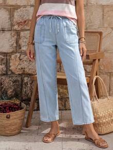 SHEIN Unity Women's Belted Pocket Casual Wide Leg Tapered Jeans - Light Wash - View 3
