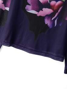 GlowEve Middle-Aged Women Spring Autumn Navy Blue Floral Pattern Elastic Mesh Long Sleeve T-Shirt Slimming Fashion Matching Casual Daily Family Birthday - Purple - View 4