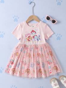 SHEIN | PAW Patrol Gaun Lengan Pendek Anak Perempuan dengan Motif Kartun dan Detail Jala Kontras di Bagian Bawah - Berwarna merah muda - View 1