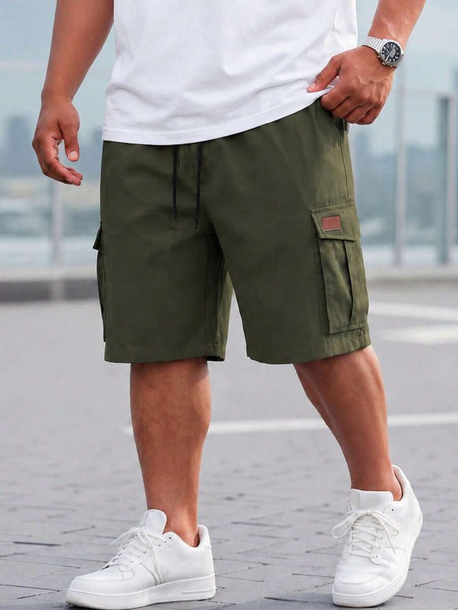 DRIVNCORE Plus Size Men's Drawstring Waist Cargo Pocket Casual Shorts - Army Green - View 1