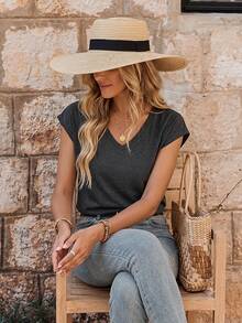EMERY ROSE V-Neck Christmas Letter & Leopard Print Casual Short Sleeve T-Shirt - Dark Grey - View 1