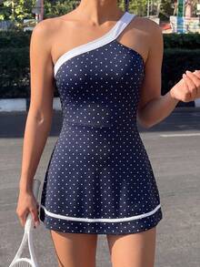Gameset SHEIN Sport Women's One Shoulder Sexy Polka Dot Print Contrast Color Sports Dress - Multicolor - View 4