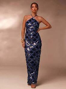 Glamine Women's Solid Color Sequin Glamorous Fitted Halter Neck Dress - Navy Blue - View 5
