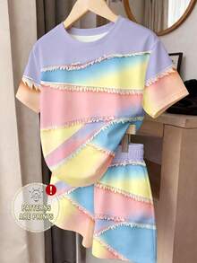 (1套) 女孩清新時尚休閒極簡彩色漸層拼接圖案基礎短版T恤與短褲，夏季日常穿搭 - 彩色 - 查看 1