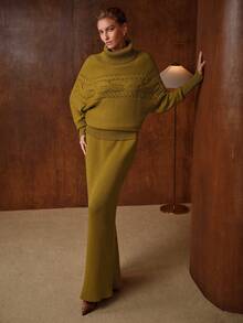 MOTF PREMIUM WOMEN SOLID HIGH NECK RAGLAN SLEEVE CABLE KNIT SWEATER & SPLIT HEM KNIT SKIRT SET - Green - View 7
