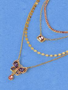 Popjeli Pink And Purple Butterfly Rhinestone Multi-Layer Stacked Necklace Gold Disc Chain Retro Collarbone Chain - Butterfly - View 2