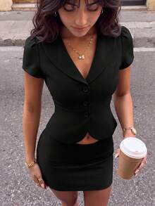 Sweetina Women's 2pcs Set Slim Fit V-Neck Lapel Shirt And Double-Breasted Skirt - Black - View 1